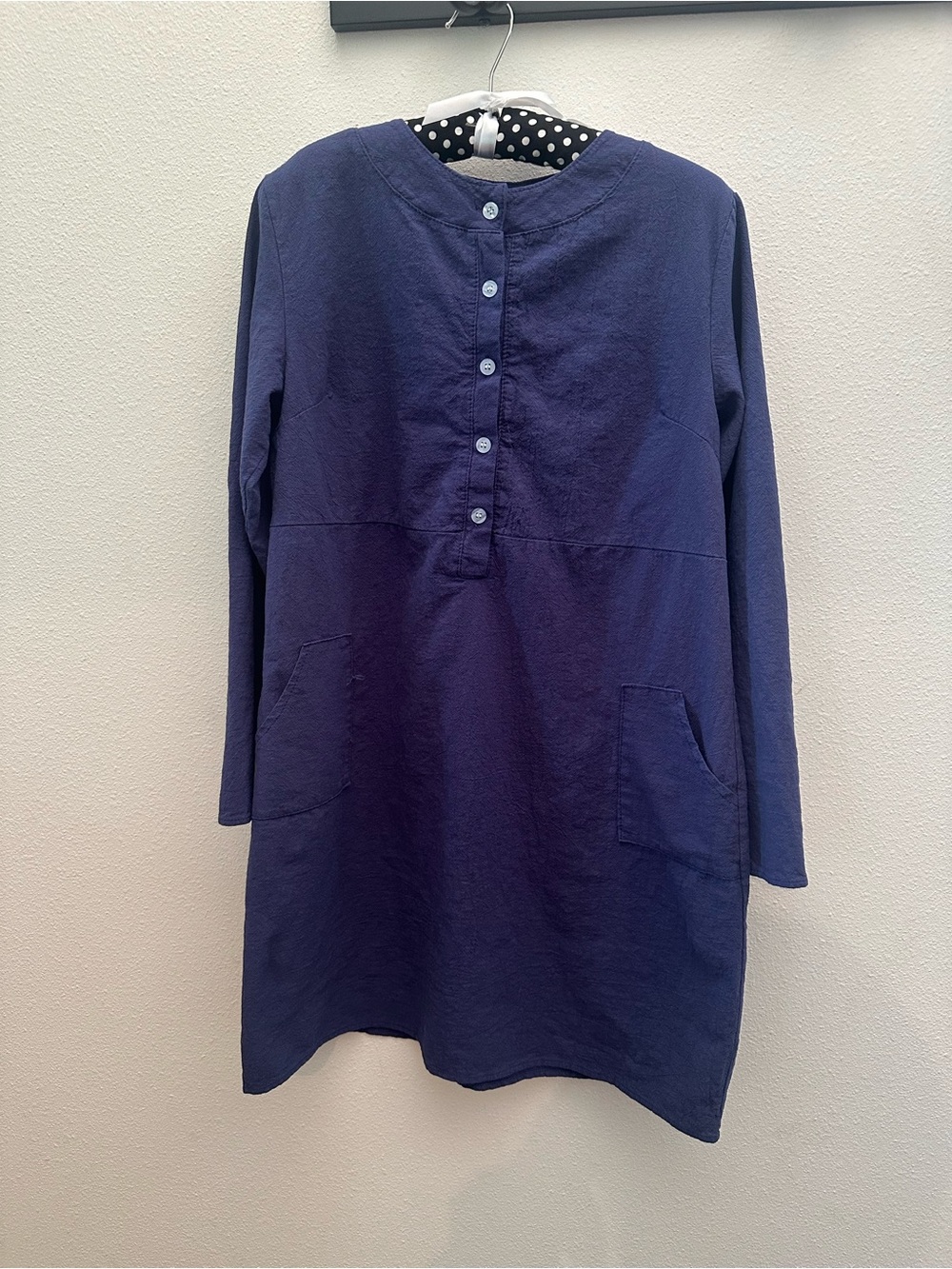 Navy Button-Front Long Sleeve Tunic Dress